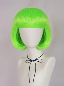 活力活泼的绿色直发鲍勃假发，带刘海，外观自然，非常适合成人或儿童时尚甜美可爱的万圣节派对、音乐节、角色扮演和日常穿着 - 螢光綠 - 查看 3