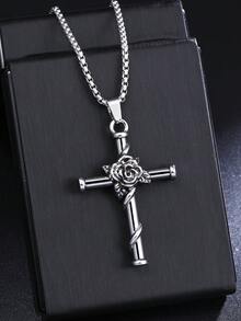 1pc Casual Rose Cross Pendant Necklace Suitable For Men & Women, Stainless Steel Jewelry, Cross Necklace, Vintage Simple Design Long Stainless Steel Pendant, Family Holiday Gift, Daily Wear For Men & Women - Antique Silver - View 1