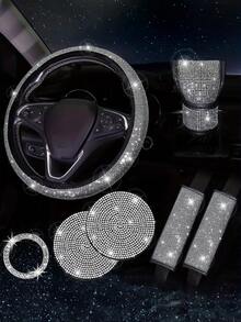 7件套汽车配件套装,女士汽车配件,亮面方向盘套,亮面汽车杯垫,亮面套装,安全带肩垫,圆形Logo贴纸,换挡杆套 - 款式A - 查看 11
