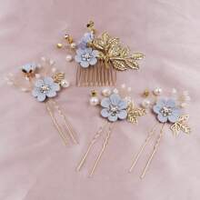 4pcs Gold Leaf Hair Combs, Handmade Bridal Flower Hair Accessories, Wedding Pearl Hair Ornaments, Hairpin & Hairclip Set