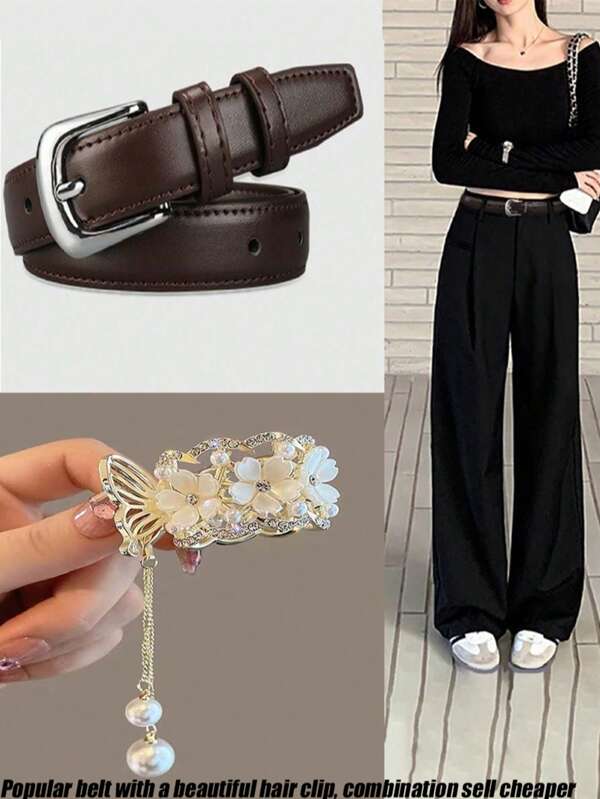 Cinto Feminino - Cinto de Couro Elegante e Simples com Fivela Prateada Brilhante, Decoração de Estudante e Jovem, Cinto de Calça Estilo Coreano, Garra de Cabelo com Strass Flor e Borla Combinando