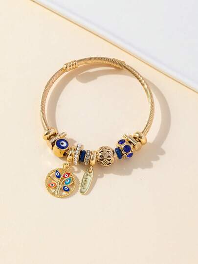 1 pièce Bracelet en acier inoxydable réglable avec charmes d'yeux de diable, d'arbre de vie et de rouge à lèvres, convient comme bijou de fête pour femme, cadeau de la Saint-Valentin, maman, mère, fête des mères