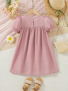 Young Girls Colorful 3D Floral Puff Sleeve Ruched Denim Effect Dress