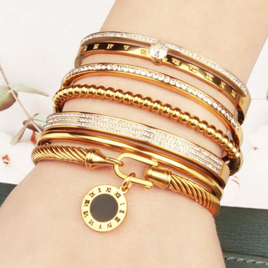 6 件/1 套简约多风格吊坠罗马风格女士手链，嘻哈风格不褪色珠宝水钻光滑带配饰