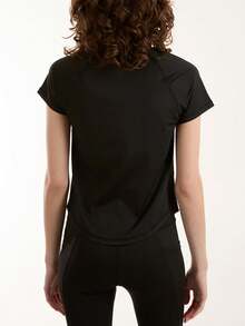 Plus Size Women Sports Top T-Shirt, Nylon Blend Fabric, Mesh Patchwork Design, Comfortable For Fitness, Running, Yoga - Black - View 2