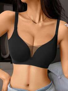 1pc Solid Color Seamless Mesh Patchwork Edge Adjustable NOn Removable Padded Wireless Bra Casual-Comfy