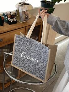 Customized Women'S Casual Linen Small Floral Pattern Large Capacity Handbag, Simple And Fashionable Bag For Women In Spring And Summer, One Piece Custom Personalized Name Or Holiday Message Travel Bag. - Multicolor - View 5