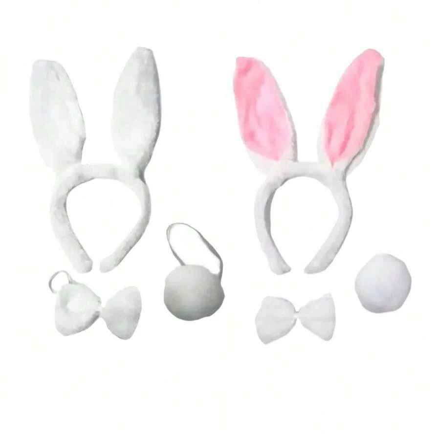 Plush Rabbit Ear Headband With Tie And Tail For Kids - 粉色 - 查看 1