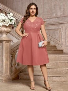 Vestito da cocktail elegante, a scollo a V, con contrasto di paillettes, decorazione floreale in pizzo, a ruota, adatto per feste di promo, feste di laurea, compleanni, e cerimonie