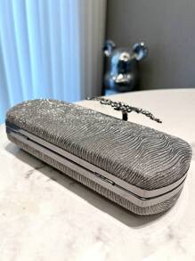 1pc Gray Glitter Crystal Decor Elegant Women's Evening Clutch Bag, Suitable For Banquet, Wedding, Party, Formal Occasions, Fashion Handheld & Shoulder Bag With Metal Chain