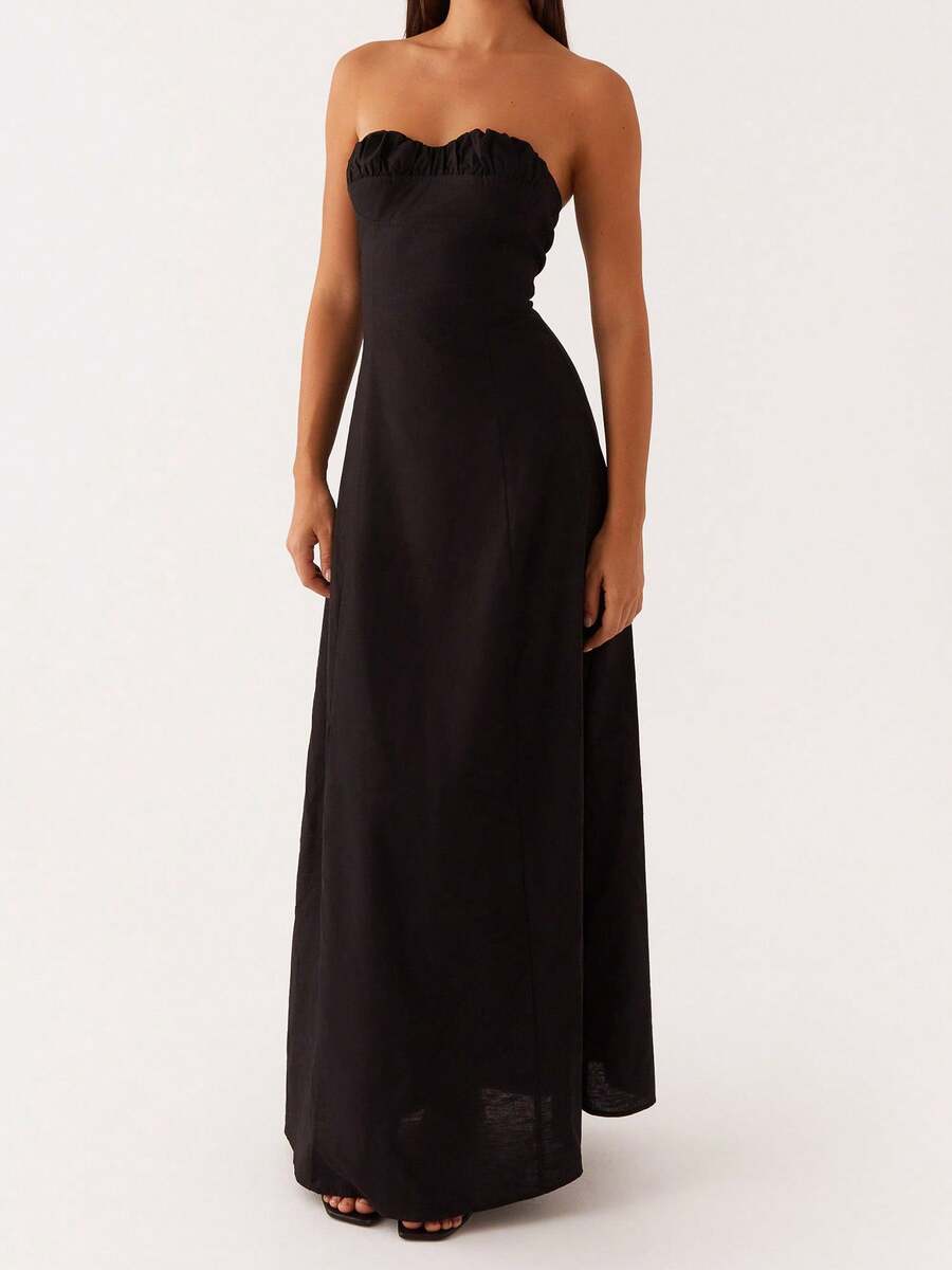 Womens Floral Strapless Dress Y2k Backless Sleeveless Tube Maxi Long Dresses Sexy Bodycon Summer Beachwear Formal Cocktail Club Party Sundress - 黑色 - 查看 1