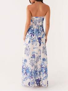 Womens Floral Strapless Dress Y2k Backless Sleeveless Tube Maxi Long Dresses Sexy Bodycon Summer Beachwear Formal Cocktail Club Party Sundress - 藍白色 - 查看 4