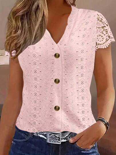 V-Neck Lace Patchwork Hollow Out Embroidery Button Front Short Sleeve Top, Spring/Summer