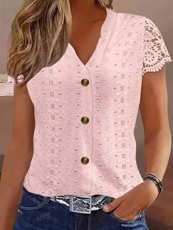 V-Neck Lace Patchwork Hollow Out Embroidery Button Front Short Sleeve Top, Spring/Summer