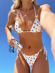 Costume da bagno bikini sexy da donna con spalline alla halter, set di 2 pezzi, adatto per vacanze al mare estive - Multicolore - Visualizzare 1
