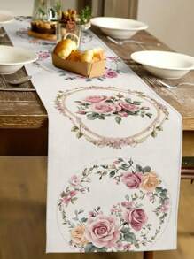 1pc Pink Heart Rose Floral Print Table Runner, Kitchen, Dining Room Decor, Holiday Decor, Home Gathering, Home Decor, Wedding Setting, Outdoor Dining, Coffee Table Decoration
