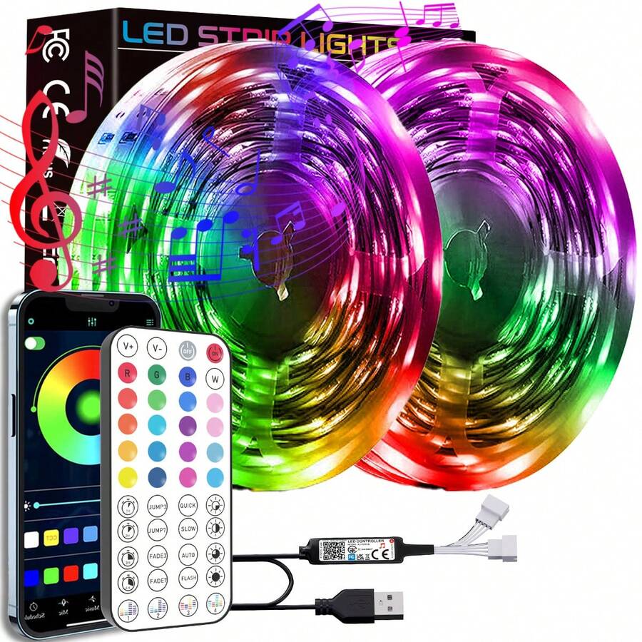 Luz LED para dormitorio, Tiras de luces LED RGB, Control remoto de 44 teclas y aplicación, Puede cambiar colores de forma sincrónica con la música, Se puede programar, Ajustar brillo, Muy fácil de instalar, Luces LED adecuadas para decoración de habitación infantil, Decoración del hogar, Decoración de pared - Control remoto de 44 teclas + Control de aplicación - Ver 1