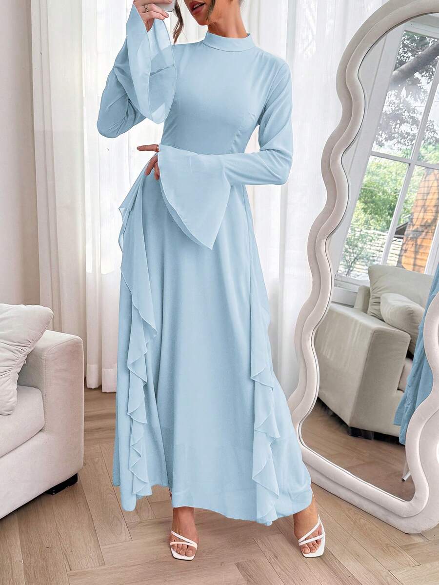Vestido elegante de gasa con volantes para mujer, ideal para vacaciones de primavera y verano, citas, festivales de música y Día de la Madre, que estiliza la silueta - Azul - Ver 1
