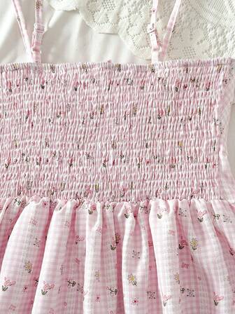 Damlinne med band, avslappnad lös passform med tryckt spets och ginghammönster, lämplig för högtider, examen, bröllop, skolstart, fest, lunch, söt romantisk lantlig resortstil, avslappnad och bekväm passform med knytband i fållen.