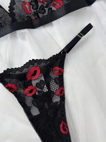 1 Set di lingerie sexy da donna in 3 pezzi con ricamo di labbra rosse in rete trasparente, body con inserti in pizzo