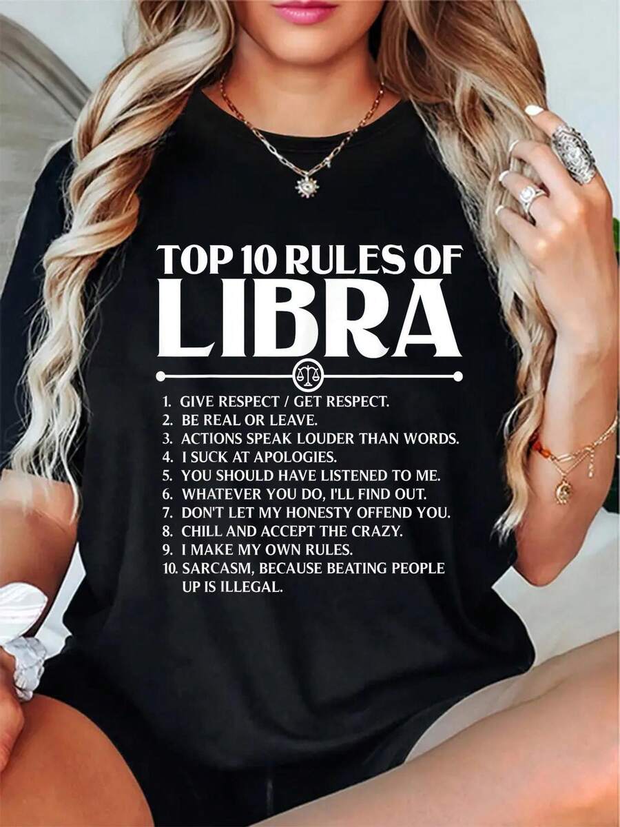 Fashion Tshirt Horoscope Symbols Astrology Sign Top 10 Rules Of Libra T-Shirt - Black - View 1