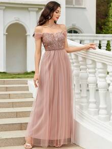 CHOSMO 优雅纯色正式礼服，针织面料，露背设计，网纱拼接，亮片点缀，适合舞会、婚礼、生日派对、周年纪念、毕业派对、音乐节、正式晚宴、摄影、毕业舞会、舞台表演和音乐会等场合。 - 藕粉色 - 查看 8