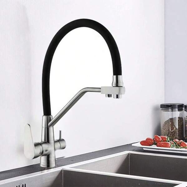 3-in-1 Edelstahl Küchenarmatur mit Kalt-/Warmwasser, Wasserfilter, integriertem Filter und ausziehbarer Brause - effizient für Geschirr- und Gemüsereinigung | Klassische Doppel-Griff-Spültischarmatur