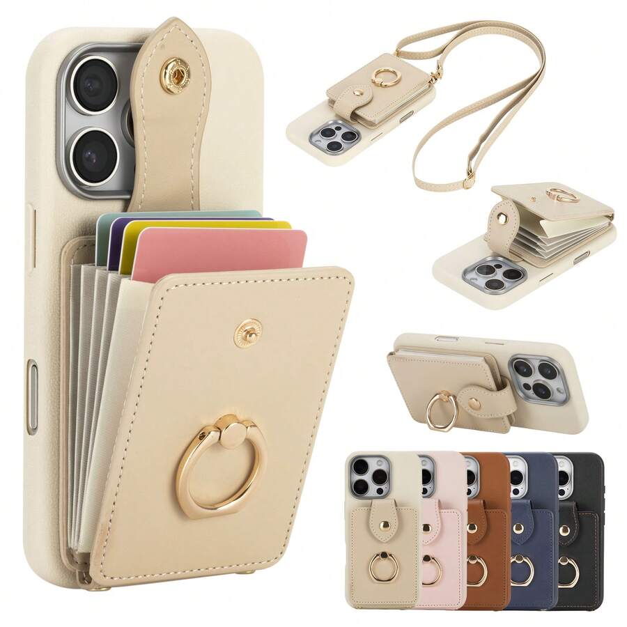 1 Pc Wallet Phone Case With Card Slots, Crossbody Strap, Kickstand, Compatible With Apple And Phones, Fashion Design - Beige - View 1