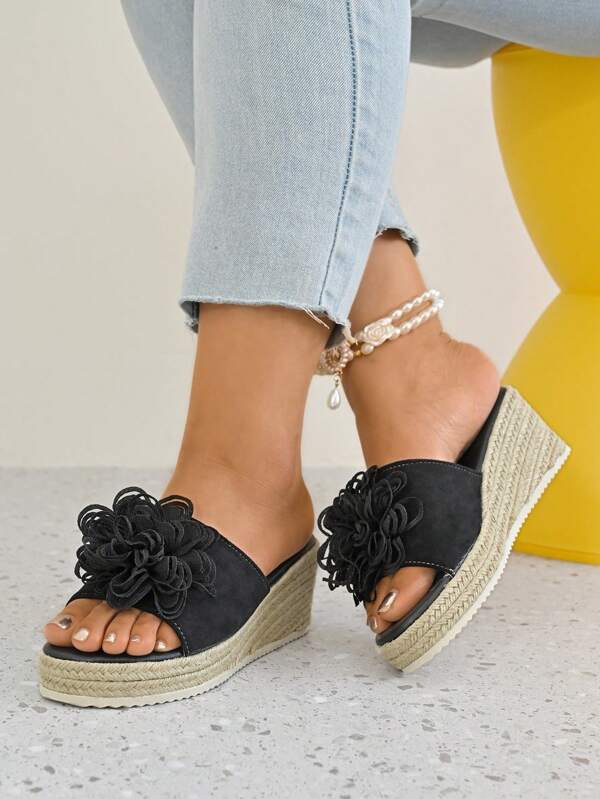 Women's Platform Wedge Sandals With Single Strap, Straw Bottom Thick Heel Wide Width