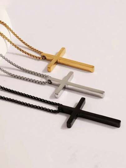 1pc Stainless Steel Fashionable Simple Men's Silver Black Gold Cross Pendant Necklace, Suitable For Men's Daily Dress Or Gift