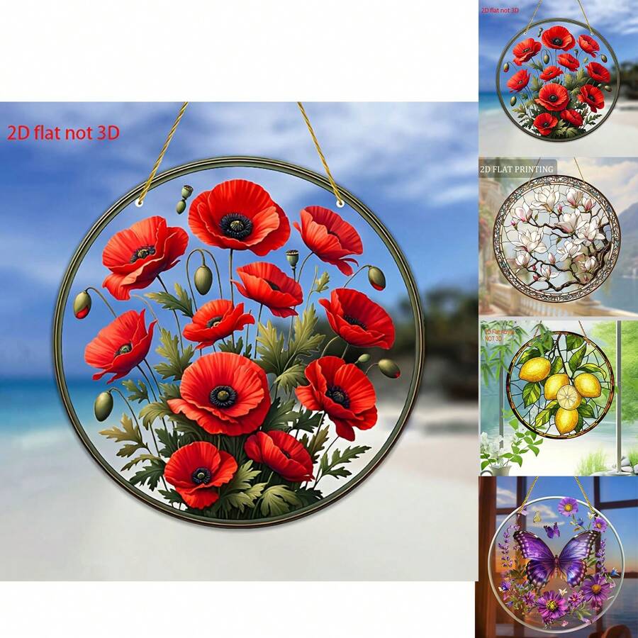 1pc, 2d Flat Lemon Tree - White Magnolia, Red Flowers, Purple Butterfly Sun Catcher, Translucent Circular Window Hanging Decoration, Furniture Natural Theme Decoration, Very Suitable For Walls, Gardens, Porch Furniture Natural Decoration, The Best Holiday Gift For Family And Friends