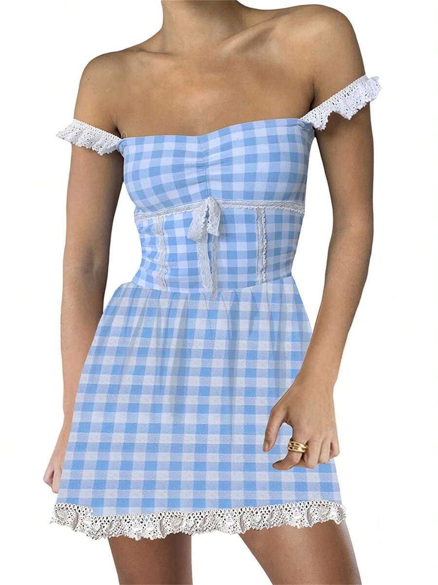 Women Summer Y2K Mini Cami Dress Sleeveless Open Back Lace Trim Plaid Spaghetti Strap Dress - Blue - View 1
