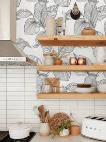 Lily Flower Plant Printed Home Decor Wallpaper, Simple Line Design Floral Leaf Self-Adhesive Waterproof Oil-Proof Wallpaper For Indoor Furniture Cabinet DIY Decoration