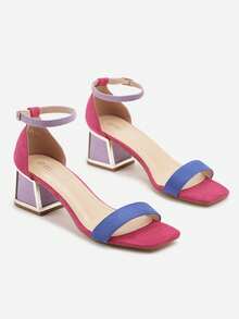 Sandalias con taco de bloque con inserto metálico y correa para el tobillo - Azul - Ver 3