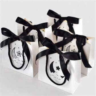 5pcs Minimalist White Star Moon Big Bow Mini Tote Bags In Stock Refreshing Black & White Handbag Shopping Bag
