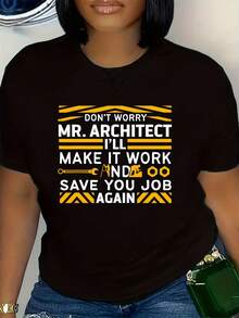 Camiseta Mujer Tallas Grandes, Eslogan "Don't Worry Mr. Architect", Cuello Redondo Informal, Manga Corta, Estampado Geométrico, Micropoliéster, Ajuste Holgado, Top de Verano, 0XL-4XL - Premium 180g Bla - Negro - Ver 1