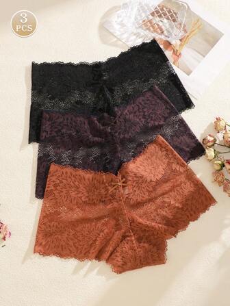 3pcs/Set Solid Color Bow Flower Lace Decoration Romantic Sexy Women Briefs