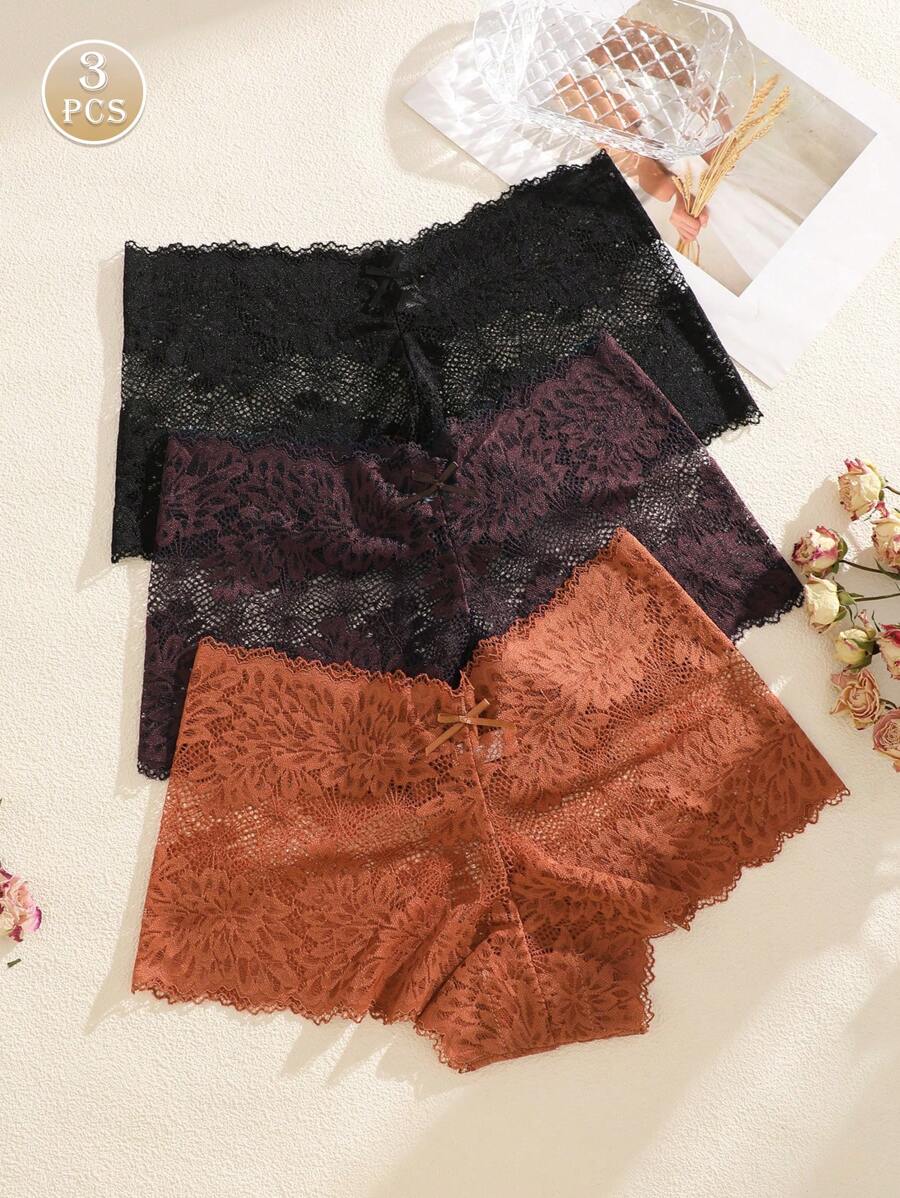 3pcs/Set Solid Color Bow Flower Lace Decoration Romantic Sexy Women Briefs