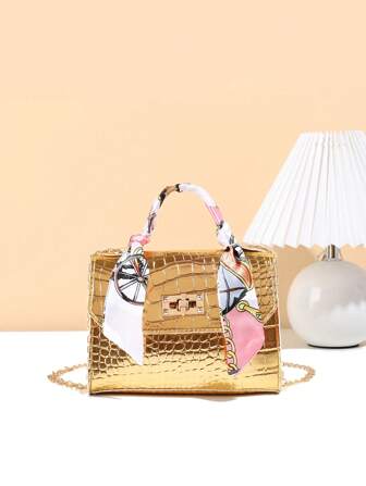 Silk Scarf Accessory Chain Embossed Print Handbag