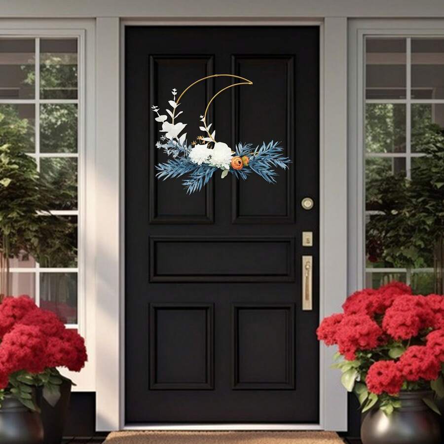 Moon Wreath Decorations For Front Door, Spring Summer Wreath For Home Decorations, Artificial Metal Hoop Floral Hanging Garland For Wall Window Indoors Farmhouse Decor, 11.8in