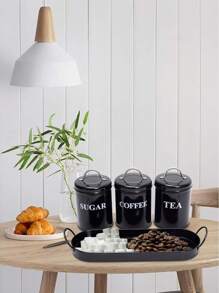 Tea Coffee Sugar Canisters, 3 Piece Kitchen Canister Set, Tea Sugar Coffee Canisters With Sealing Lid And Metal Tray, Metal Vintage Food Storage Jars For Coffee, Sugar, Tea, White