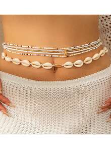 6pcs Boho Sexy Shell Pendant Multi-Layer Rice Bead Waist Chain Summer Fashion Beach Handmade Beaded Elastic Body Chain - Waist Chain - View 1