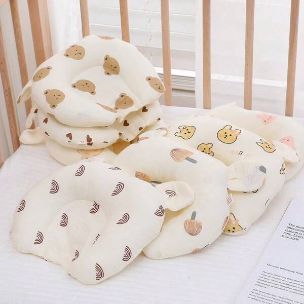 1pc Baby Bear Heart Rabbit Print Pattern U-Shaped Pillow, Anti-Head Tilting Shaping Support, Breathable Absorbent, All Season