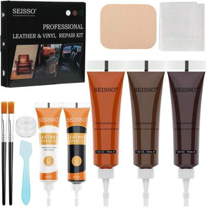 SEISSO SEISSO Leather Repair Kit For Furniture, Brown Leather And Vinyl Repair For Couch, Boat Seat, Car Interior, Jacket, Purse, Fix Tears Burn Holes Scratches, Restore Pleather, Bonded, Italian, Genuine