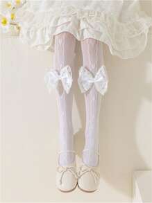 1 paire de leggings princesse délicats en dentelle pour filles - collants respirants et fins pour le printemps et l'été, collants à pattes d'éléphant en maille blanche avec un ourlet à volants et un accent nœud
