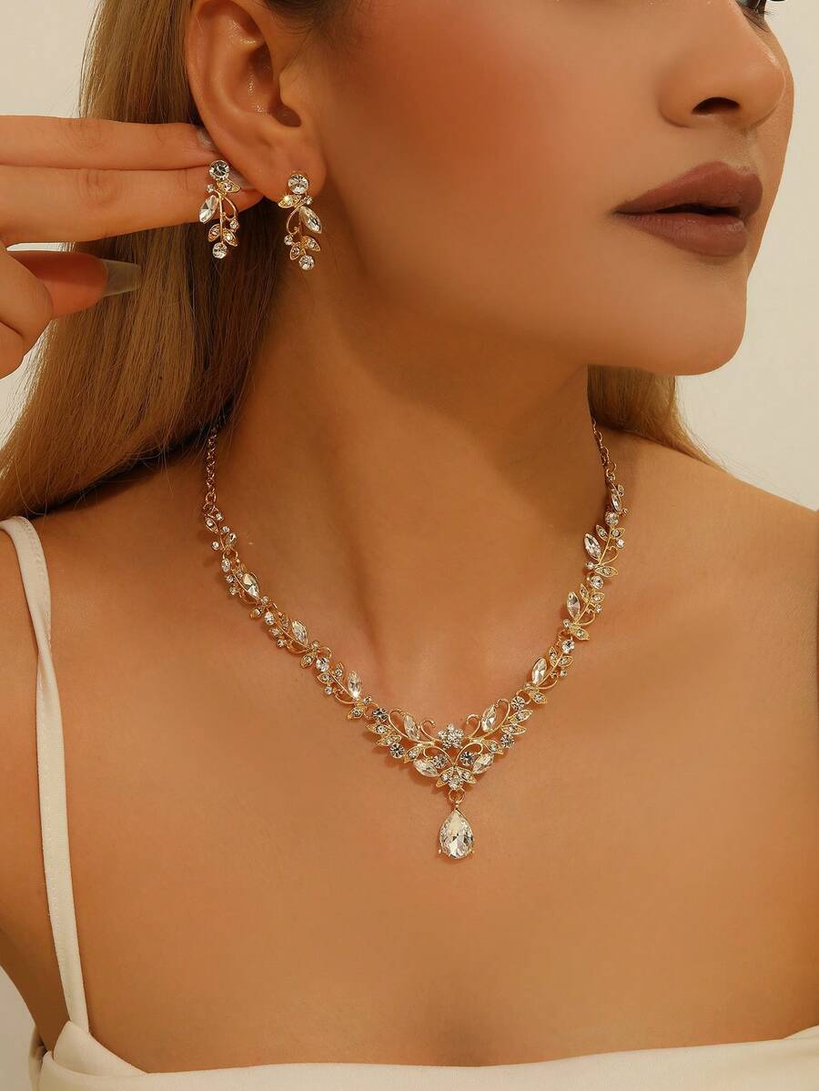 3pcs Gold Rhinestone Jewelry Set - Earrings And Necklace, Elegant For Party - Yellow Gold - View 1