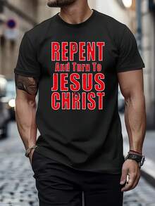 Men's T-Shirt With Religious Motif, Men's Round-Neck T-Shirt, 220 G/M², For Summer, Made Of Pure Cotton, Short Sleeves (1 Piece) - 黑色 - 查看 1