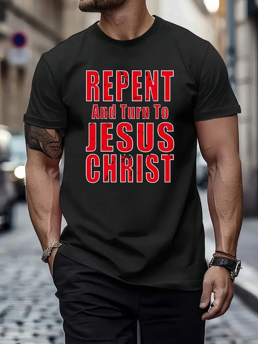 Men's T-Shirt With Religious Motif, Men's Round-Neck T-Shirt, 220 G/M², For Summer, Made Of Pure Cotton, Short Sleeves (1 Piece) - 黑色 - 查看 1