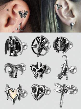 1PC Punk Retro Stainless Steel Oil Drip Bat Lizard Sheepshead Owl Earring 20g Piercing Cartilage Helix Tragus Ear Stud Bodyjewelry