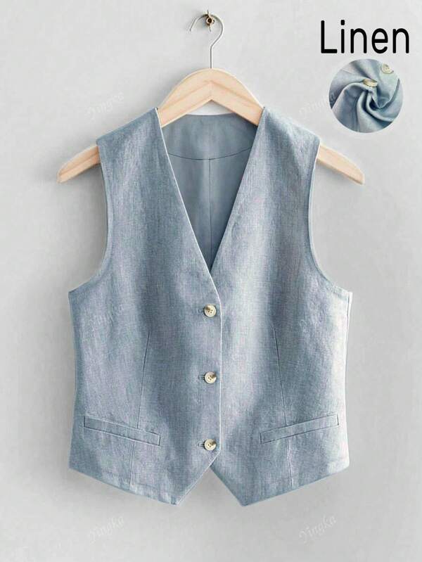Women's Casual Linen Short Blazer Vest, Suitable For Spring/Summer Vacation